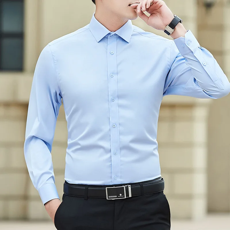 New Plus Size Men Solid Color Business Shirt Fashion Classic Basic Casual Slim White Long Sleeve Shirt Brand Clothes thumbnail 4