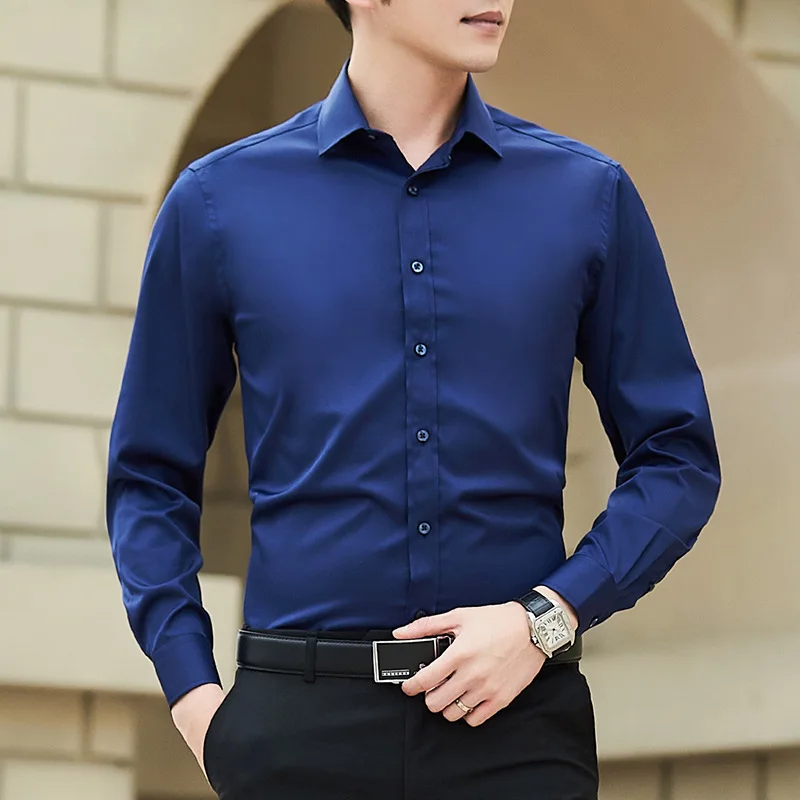 New Plus Size Men Solid Color Business Shirt Fashion Classic Basic Casual Slim White Long Sleeve Shirt Brand Clothes thumbnail 2
