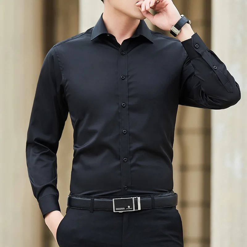 New Plus Size Men Solid Color Business Shirt Fashion Classic Basic Casual Slim White Long Sleeve Shirt Brand Clothes thumbnail 3
