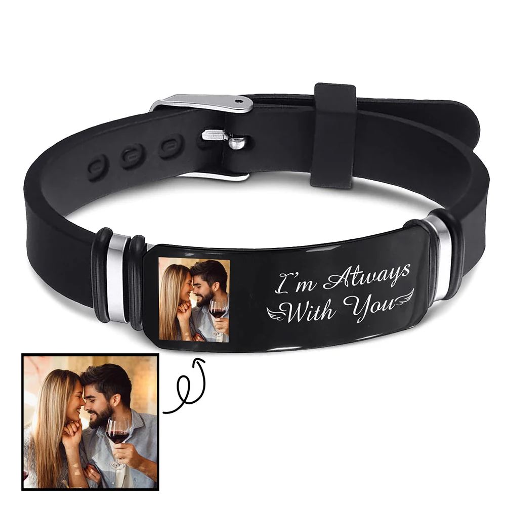 Personalized Silicone wristband Bracelet lovers bracelet Customized Photo Lettering Titanium bracelet for Father Family Friends thumbnail 4
