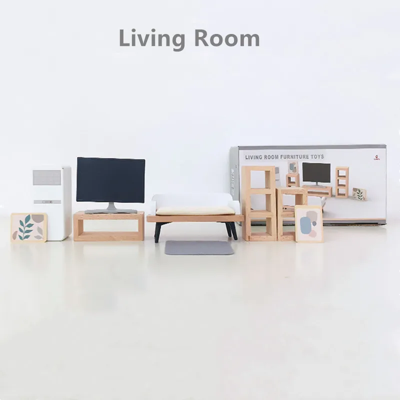 Wooden Dollhouse Furniture Set Living Room Bedroom Kitchen Children's Room Bathroom Accessories Pretend Play Gift for Girls and thumbnail 3