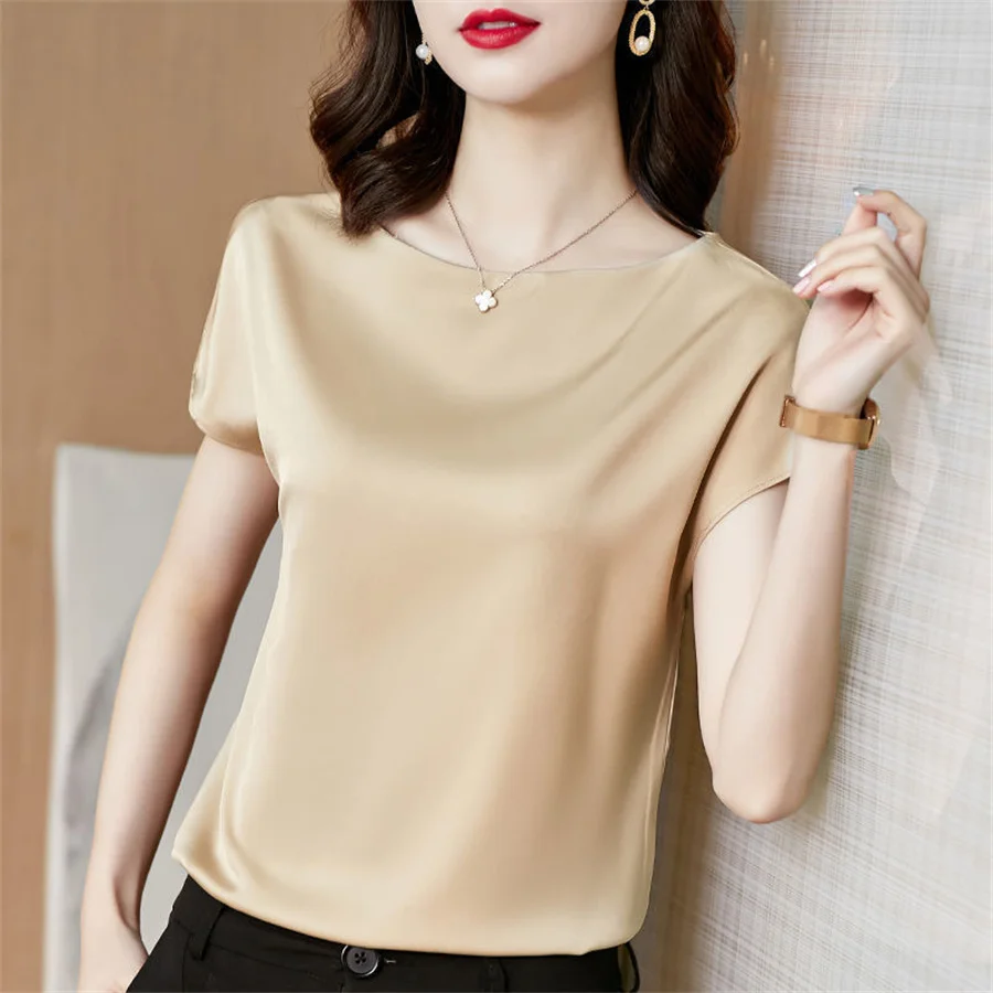Office Lady Tops Summer Short Sleeve O-Neck Blouses Satin Blouse Women Shirts Simple Solid Casual Loose Shirt Blusas DF4904 thumbnail 3