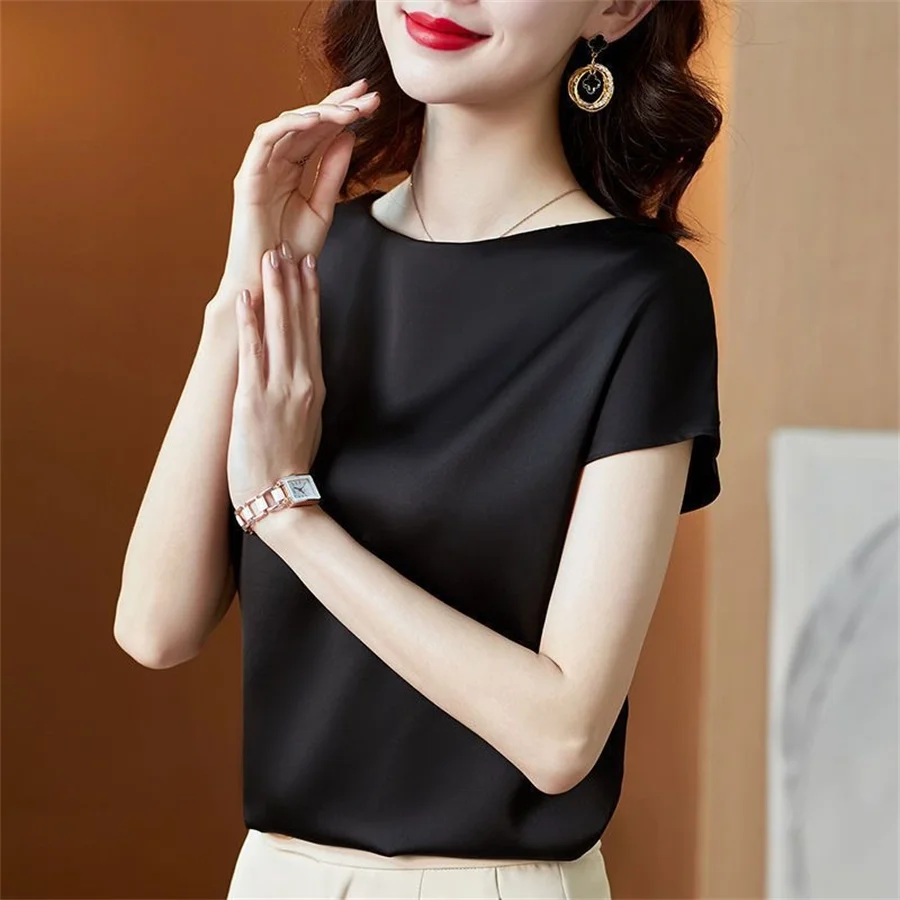Office Lady Tops Summer Short Sleeve O-Neck Blouses Satin Blouse Women Shirts Simple Solid Casual Loose Shirt Blusas DF4904 thumbnail 6