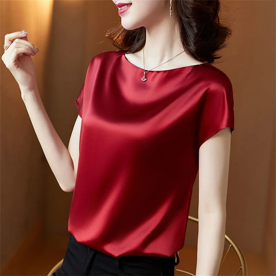 Office Lady Tops Summer Short Sleeve O-Neck Blouses Satin Blouse Women Shirts Simple Solid Casual Loose Shirt Blusas DF4904 thumbnail 2