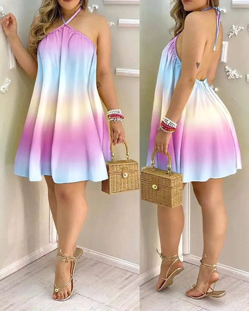 Floral Print Halter Neck Dress Boho Backless Halter Dress For Spring  Summer Women's Clothing thumbnail 3