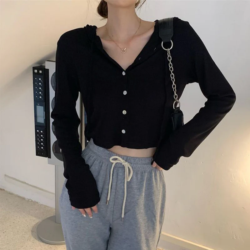 Rimocy Summer Knitted Hooded Cardigan Women Korean Streetwear Single Breasted Crop Tops Woman Solid Long Sleeve Knitwear Top thumbnail 4