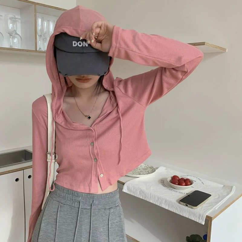 Rimocy Summer Knitted Hooded Cardigan Women Korean Streetwear Single Breasted Crop Tops Woman Solid Long Sleeve Knitwear Top thumbnail 5