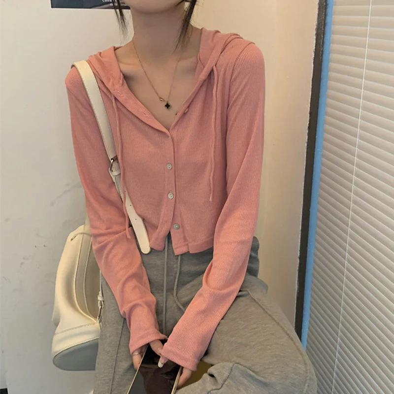 Rimocy Summer Knitted Hooded Cardigan Women Korean Streetwear Single Breasted Crop Tops Woman Solid Long Sleeve Knitwear Top thumbnail 6