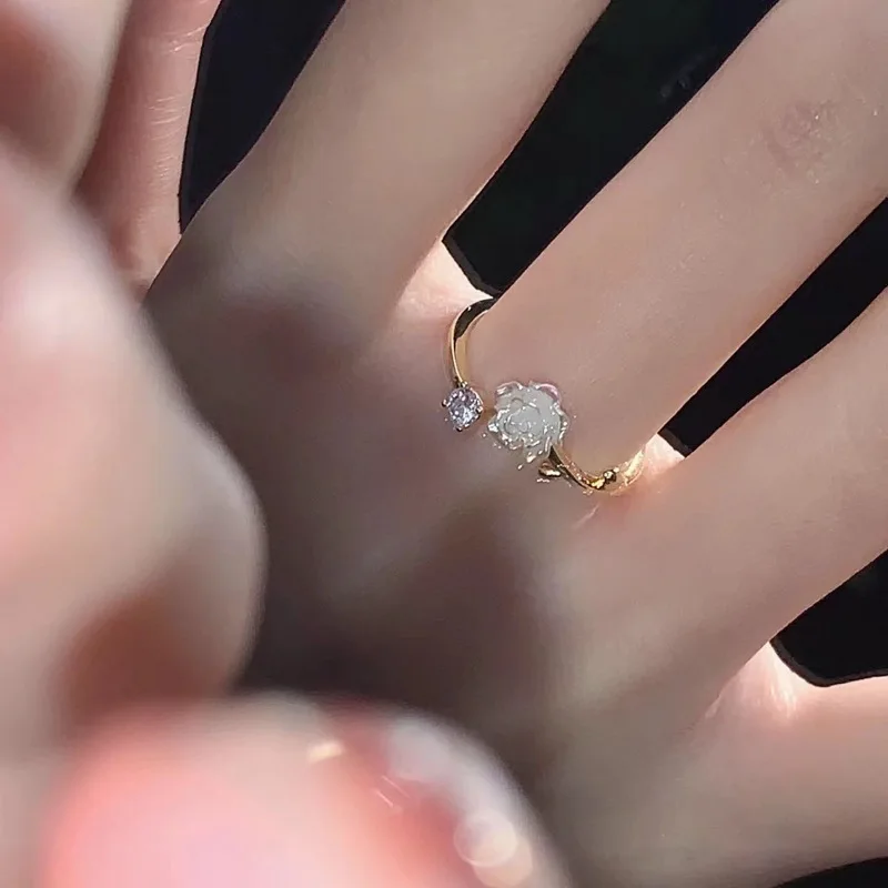 Luxury Zircon Flower Opening Rings for Women Cubic Zirconia Rose Cherry Blossom Tulip Adjustable Finger Ring Wedding Jewelry thumbnail 4