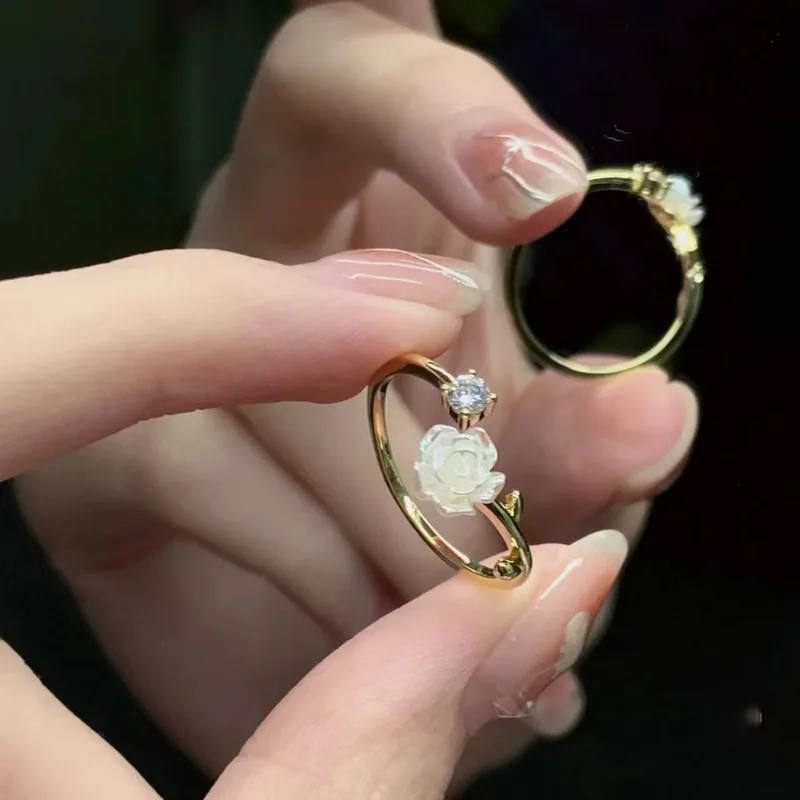 Luxury Zircon Flower Opening Rings for Women Cubic Zirconia Rose Cherry Blossom Tulip Adjustable Finger Ring Wedding Jewelry thumbnail 2