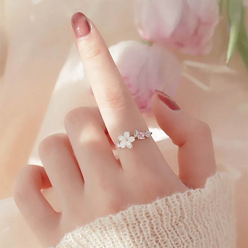 Luxury Zircon Flower Opening Rings for Women Cubic Zirconia Rose Cherry Blossom Tulip Adjustable Finger Ring Wedding Jewelry thumbnail 5