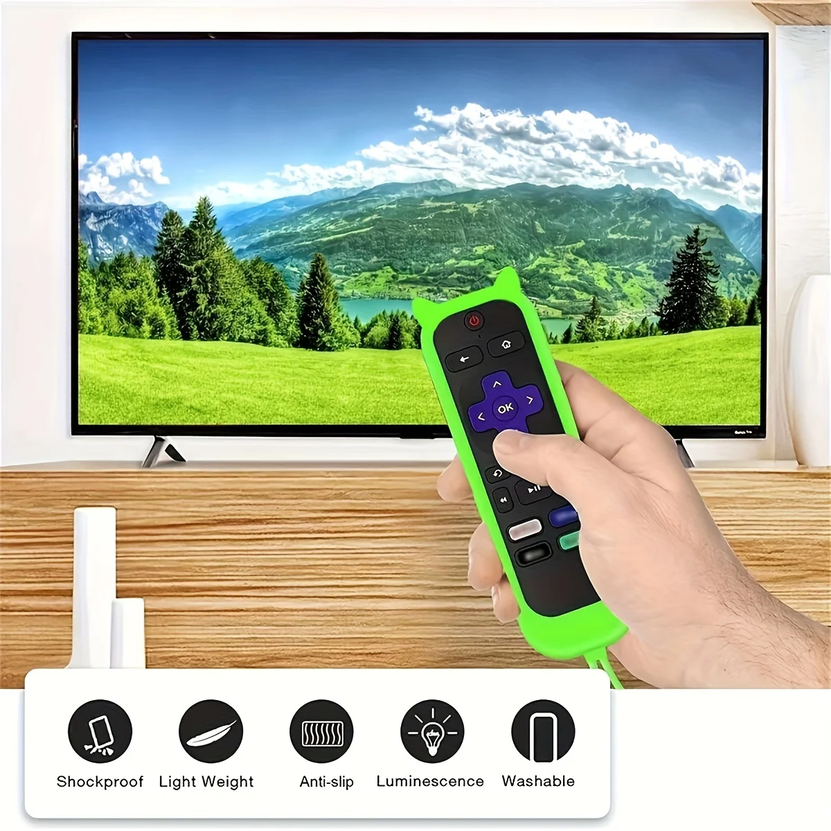 Glow in the dark cute cat's ears shaped silicone universal remote control cover with  for TCL Hisense Roku TV remote control thumbnail 5