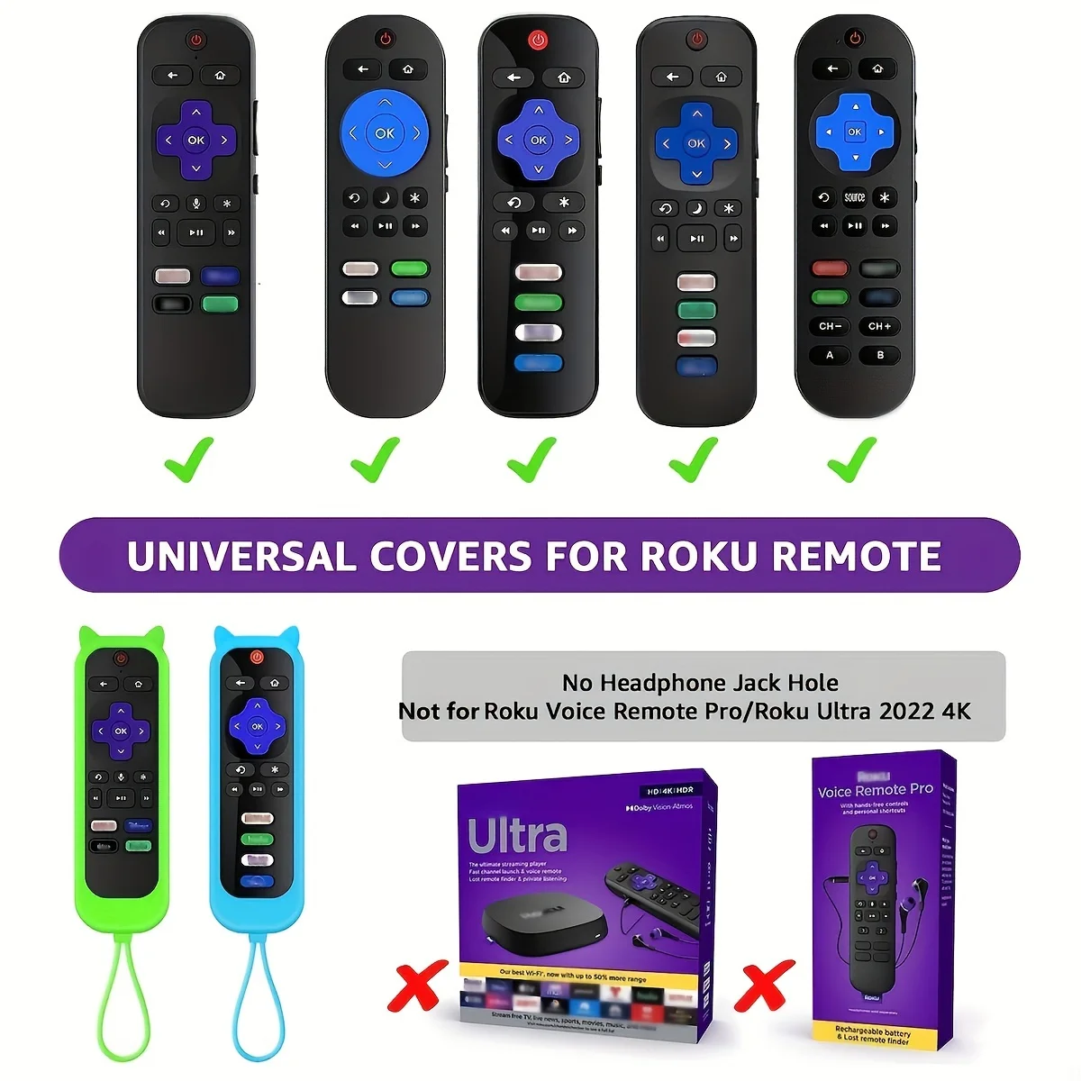 Glow in the dark cute cat's ears shaped silicone universal remote control cover with  for TCL Hisense Roku TV remote control thumbnail 2