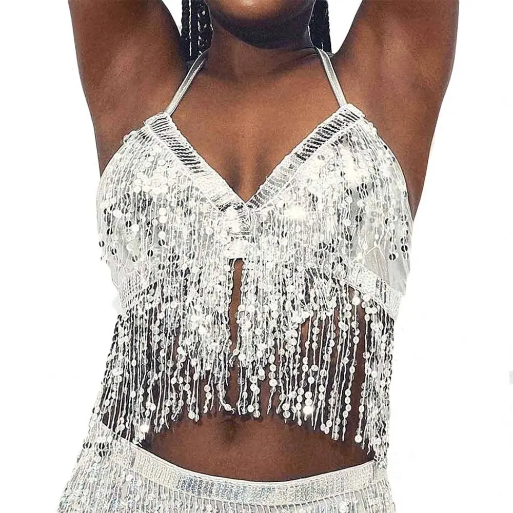 Belly Dance Sequin Fringe Top Nightclub Performance Halter Bra Dance Wear thumbnail 3