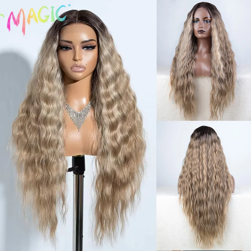 Magic Synthetic Lace Front Wigs For Women 30" Long Body Wave Lace Wig Ombre Brown Blonde Highlight Cosplay Wigs Heat Resistant