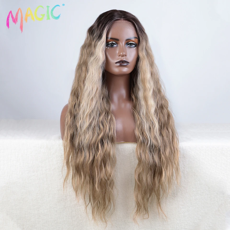 Magic Synthetic Lace Front Wigs For Women 30" Long Body Wave Lace Wig Ombre Brown Blonde Highlight Cosplay Wigs Heat Resistant thumbnail 4