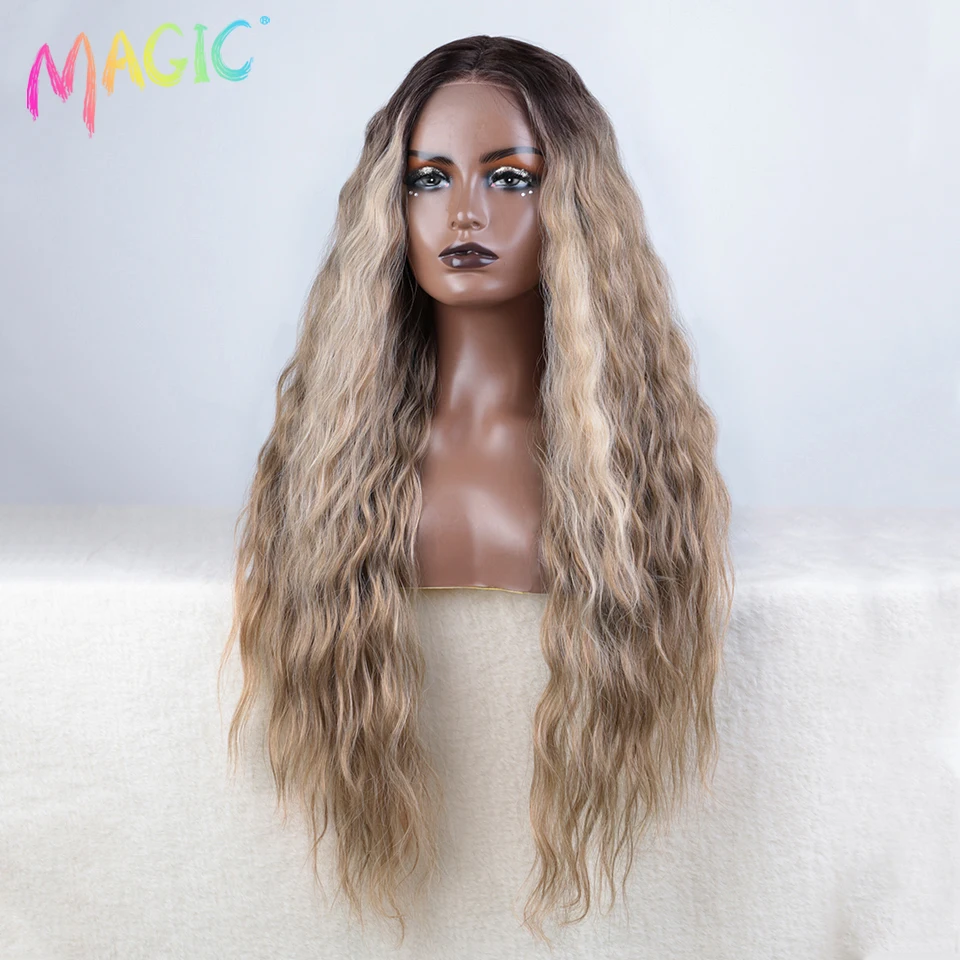 Magic Synthetic Lace Front Wigs For Women 30" Long Body Wave Lace Wig Ombre Brown Blonde Highlight Cosplay Wigs Heat Resistant thumbnail 3