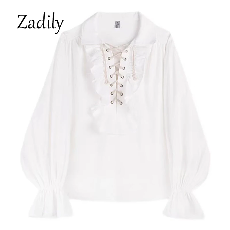 2026 Women's Victorian Gothic Blouse Ruffled Lace Up Shirt Long Sleeve Vintage Renaissance Style Top Cosplay Costume Party Wear thumbnail 4