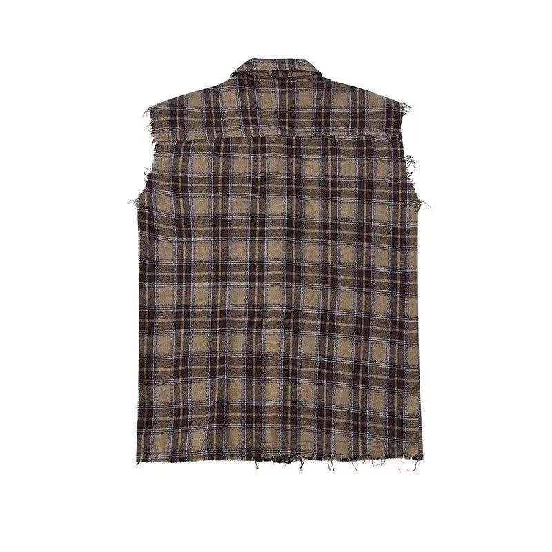 American Hip-hop Retro Vintage Plaid Sleeveless Vest Men Women Korean Style Summer Trend Street Lapel Work Vest Jacket Aesthetic thumbnail 2