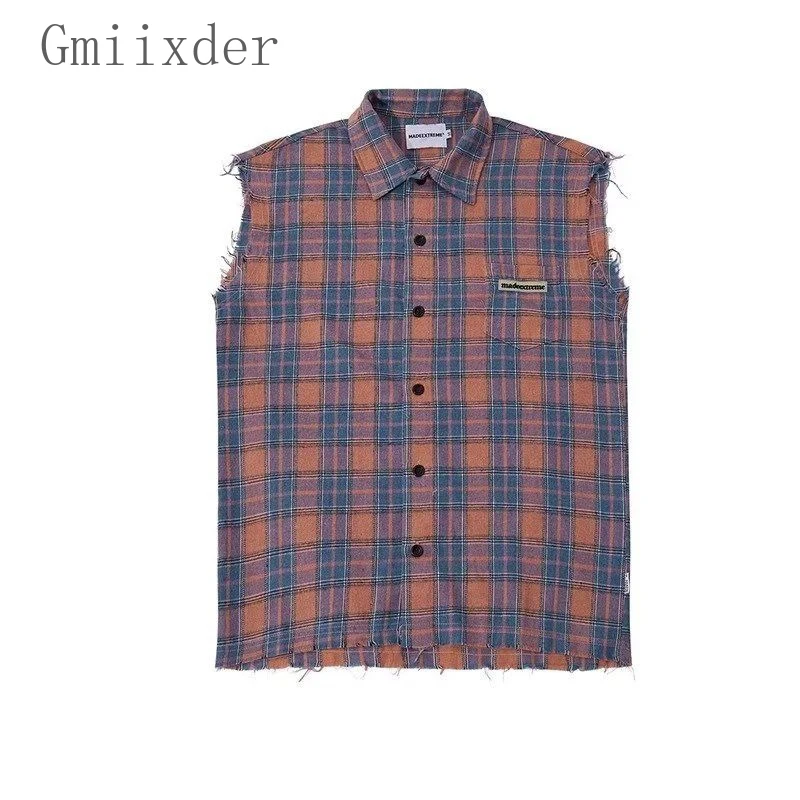 American Hip-hop Retro Vintage Plaid Sleeveless Vest Men Women Korean Style Summer Trend Street Lapel Work Vest Jacket Aesthetic thumbnail 3