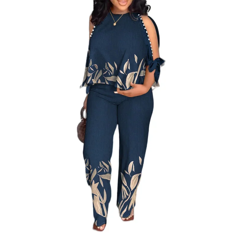 Plus size Two Piece Sets Women Outfit Summer Fashion Plants Print Split Sleeve O-Neck Top Straight Leg Pants Set Streetwear thumbnail 3