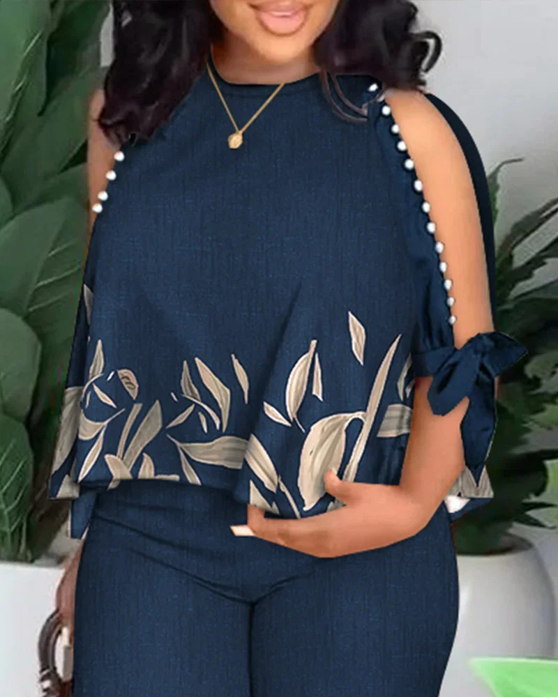 Plus size Two Piece Sets Women Outfit Summer Fashion Plants Print Split Sleeve O-Neck Top Straight Leg Pants Set Streetwear thumbnail 2