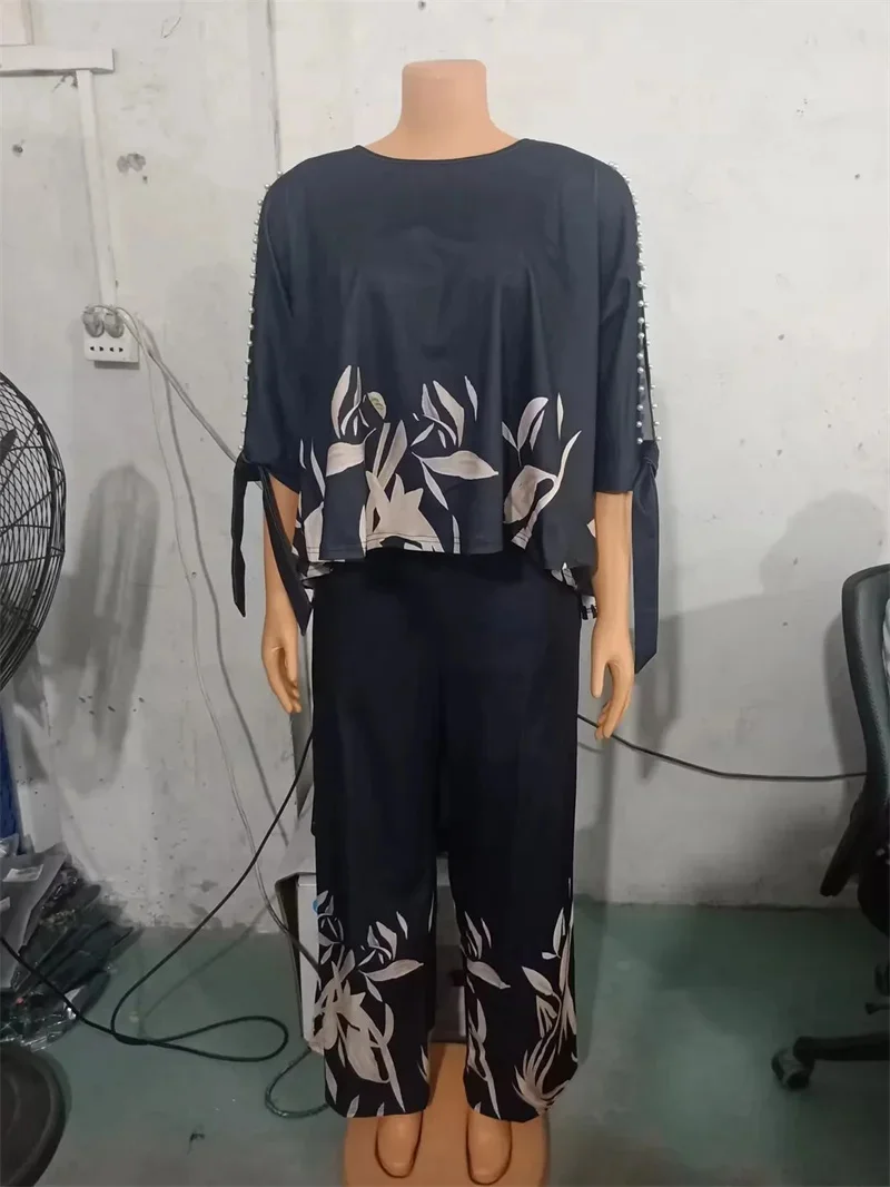 Plus size Two Piece Sets Women Outfit Summer Fashion Plants Print Split Sleeve O-Neck Top Straight Leg Pants Set Streetwear thumbnail 4