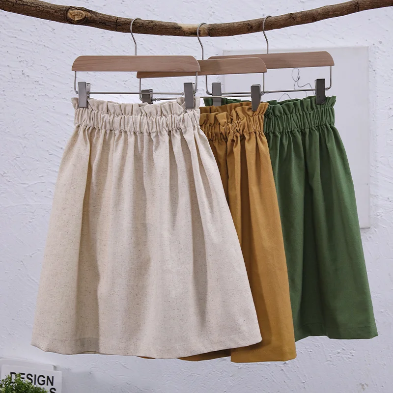 Summer Girls Linen Skirt 2026 New Casual Loose Elastic Waist Pleated Baby Girl Cotton And Linen Skirts