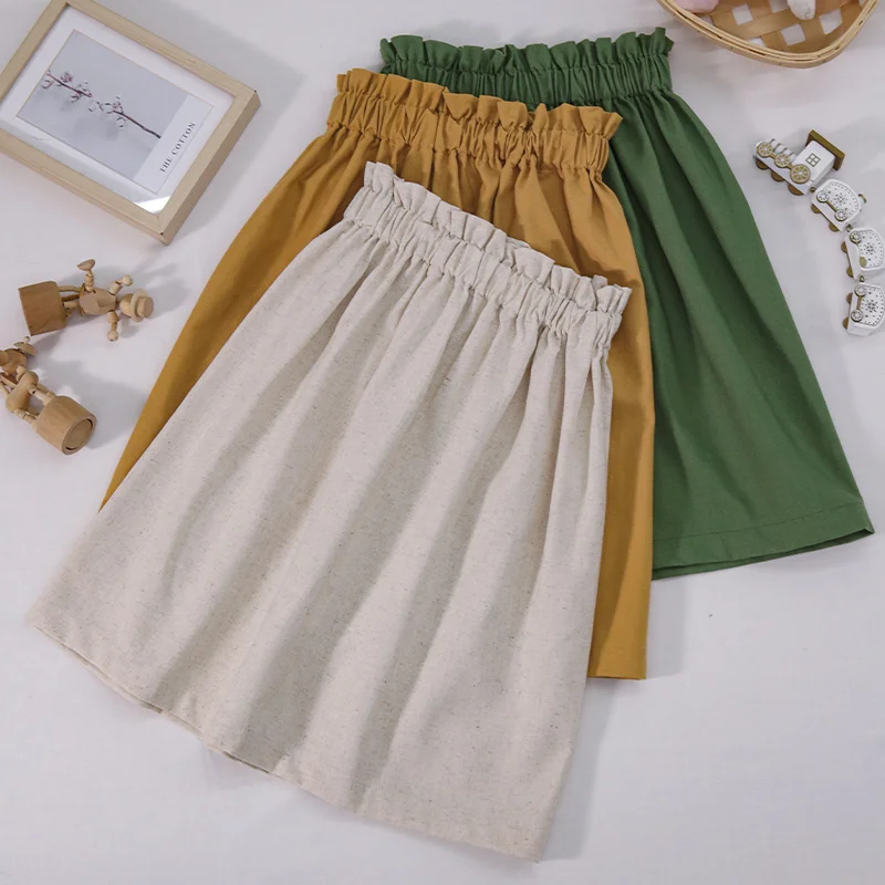 Summer Girls Linen Skirt 2026 New Casual Loose Elastic Waist Pleated Baby Girl Cotton And Linen Skirts thumbnail 2