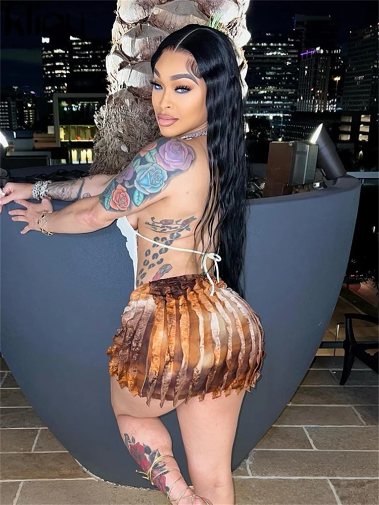 kliou Summer Women Mini Sexy Mesh Two Piece Set K23S37851 Girl Print Ruched Halter Camisole+Hip Skirt Outfit Dance Club Attire thumbnail 3