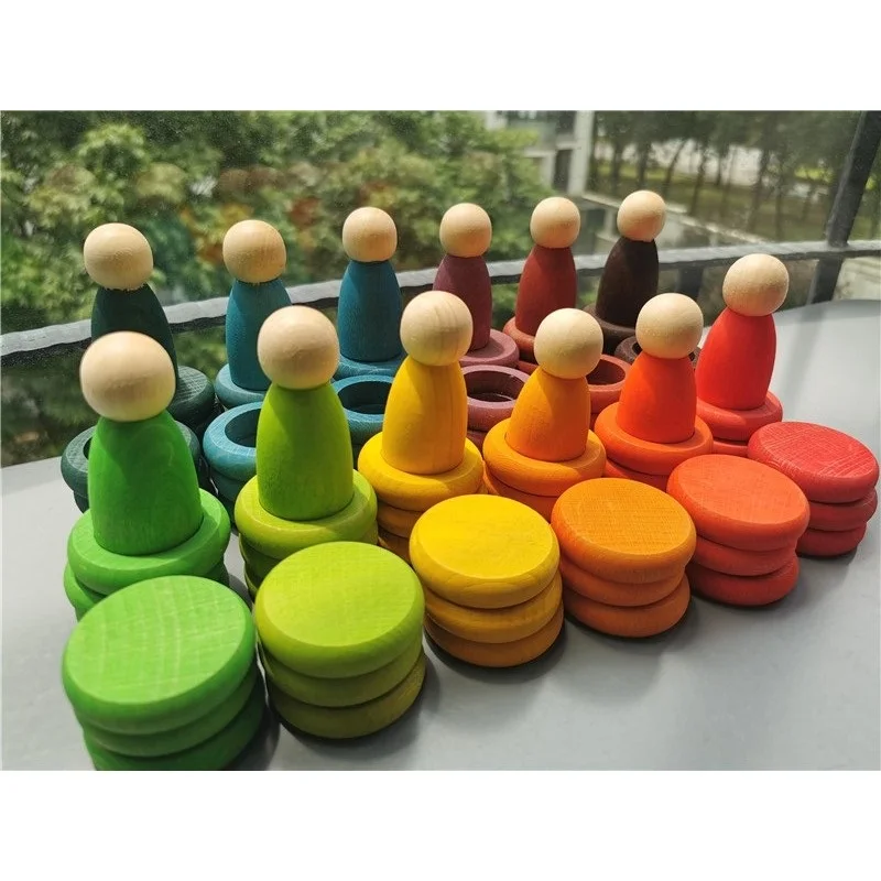Kids Wooden Toys Beech Rainbow Coins and Rings Stacking Blocks with Peg Dolls Loose Parts thumbnail 3