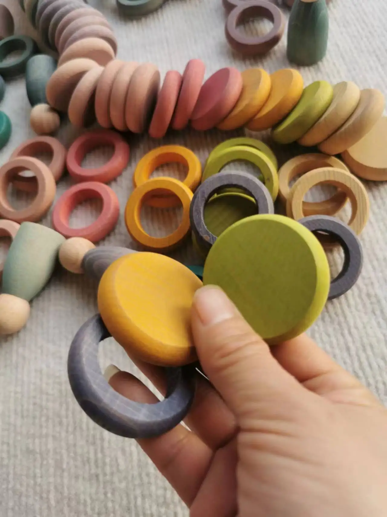 Kids Wooden Toys Beech Rainbow Coins and Rings Stacking Blocks with Peg Dolls Loose Parts thumbnail 6