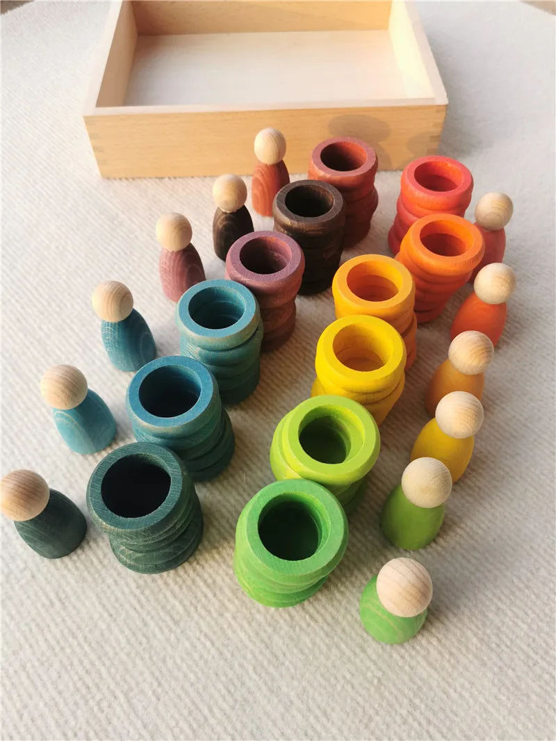 Kids Wooden Toys Beech Rainbow Coins and Rings Stacking Blocks with Peg Dolls Loose Parts thumbnail 2