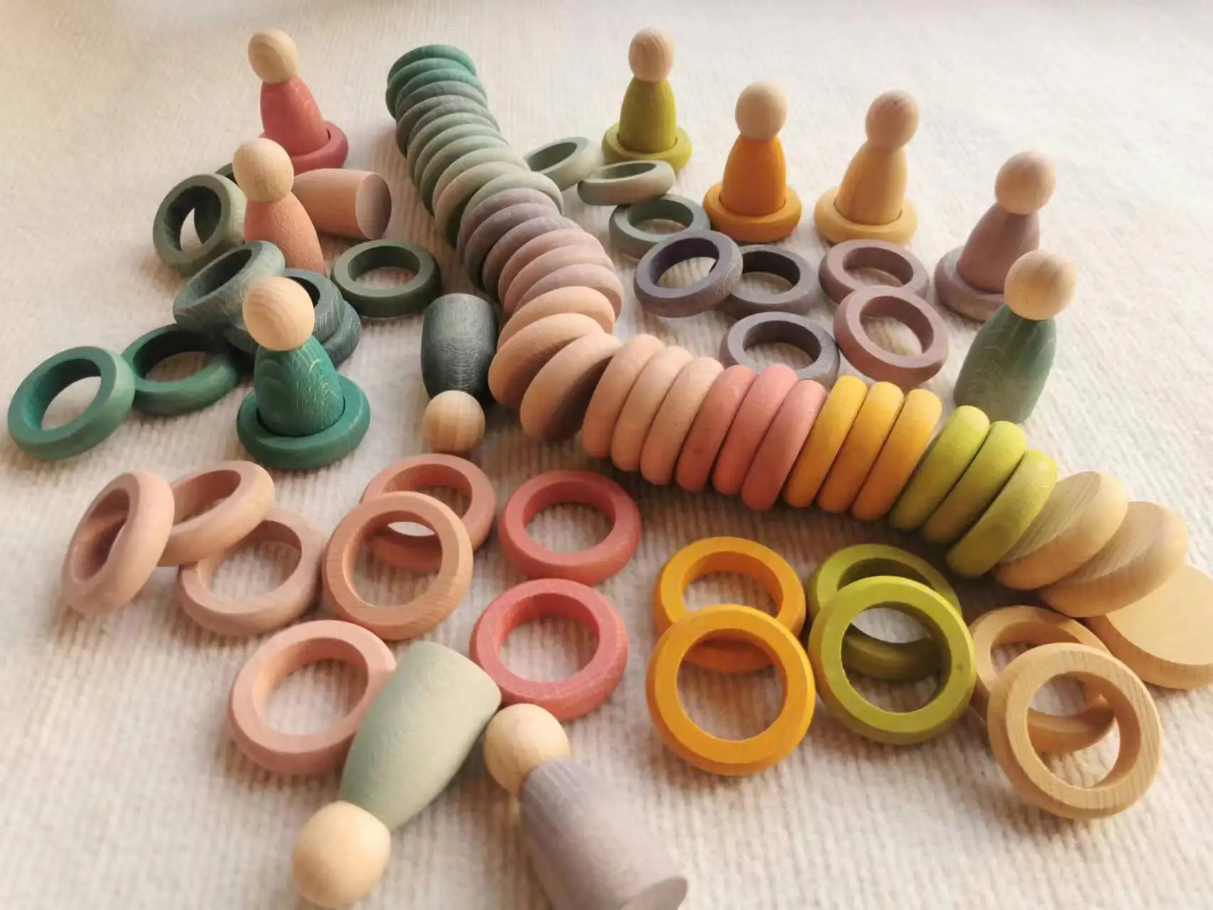 Kids Wooden Toys Beech Rainbow Coins and Rings Stacking Blocks with Peg Dolls Loose Parts thumbnail 4