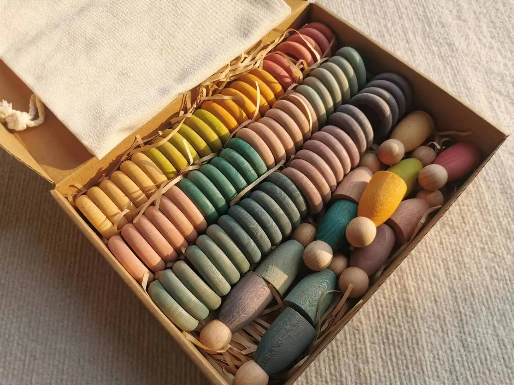 Kids Wooden Toys Beech Rainbow Coins and Rings Stacking Blocks with Peg Dolls Loose Parts thumbnail 5