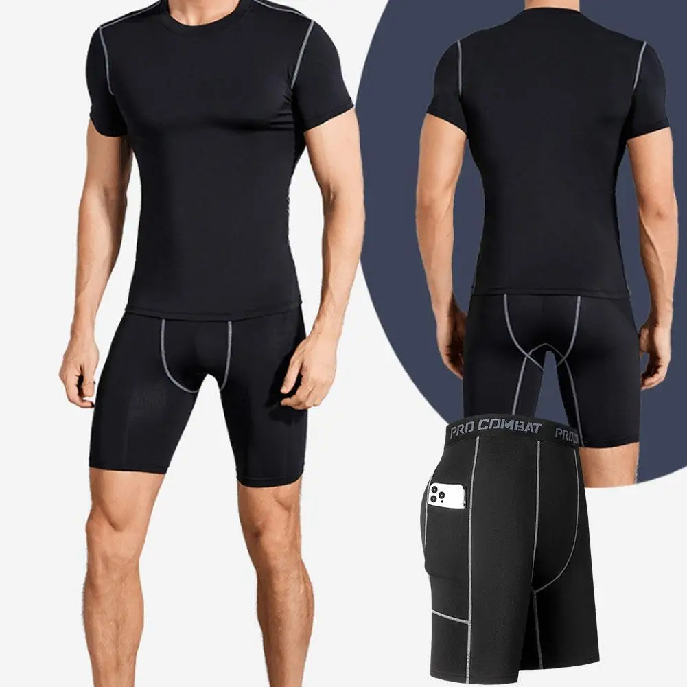 New Men‘s Compression Short Pants Elastic Quick Dry Running Fitness Shorts With Pocket Big Size Black Tight Gym Training Pants thumbnail 5