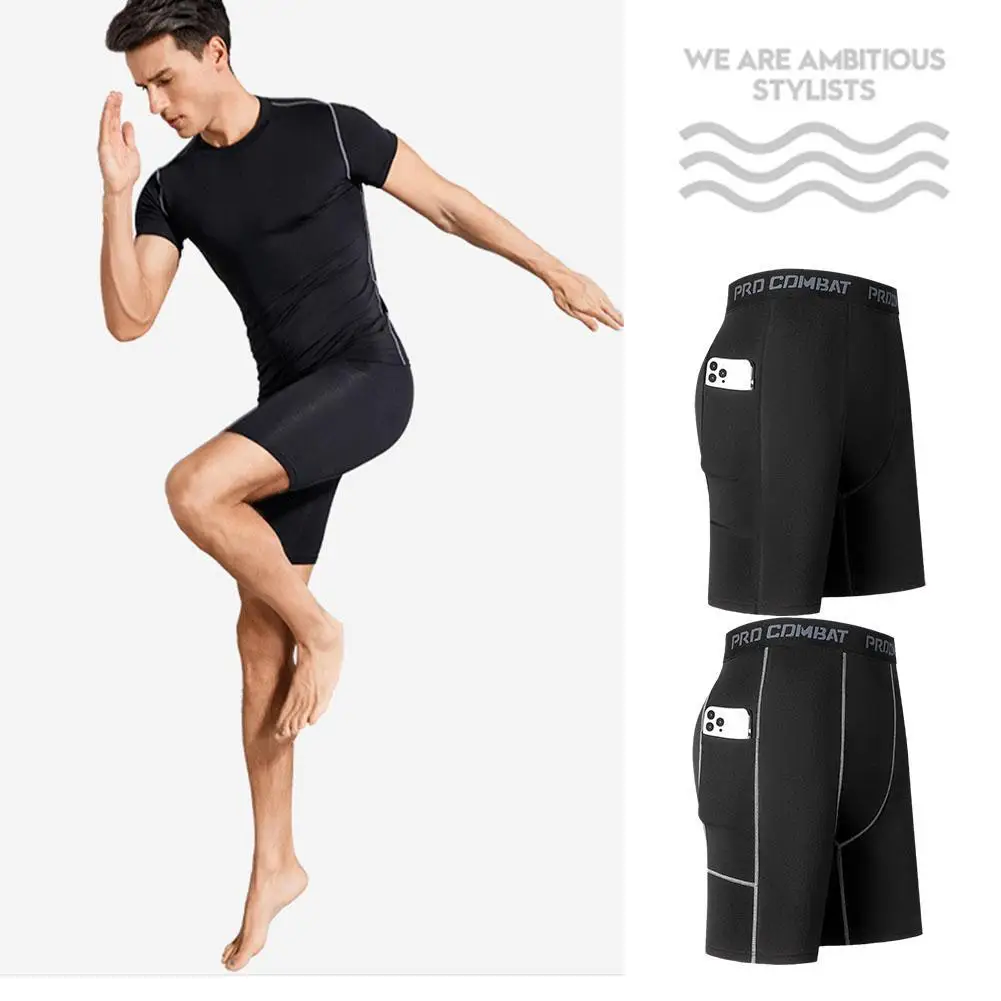 New Men‘s Compression Short Pants Elastic Quick Dry Running Fitness Shorts With Pocket Big Size Black Tight Gym Training Pants thumbnail 3
