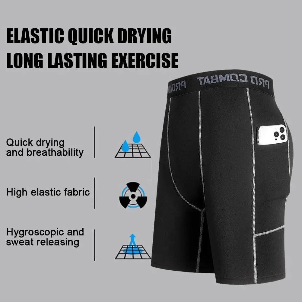 New Men‘s Compression Short Pants Elastic Quick Dry Running Fitness Shorts With Pocket Big Size Black Tight Gym Training Pants thumbnail 4