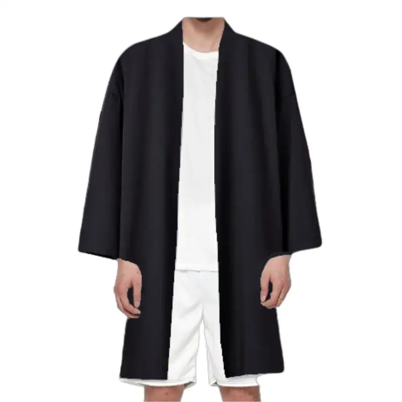 Summer Men Black Robe Samurai Clothing Solid Color Loose Asian Traditional Costume Beach Japanese Kimono Cloak Sunscreen Coat thumbnail 5