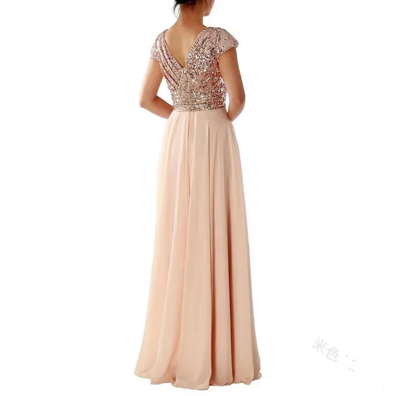 Women Banquet Long Dresses Spring Summer Deep V-Neck Luxury Sequins Slim Fit Chiffon Panels Elegant Party Evening thumbnail 3