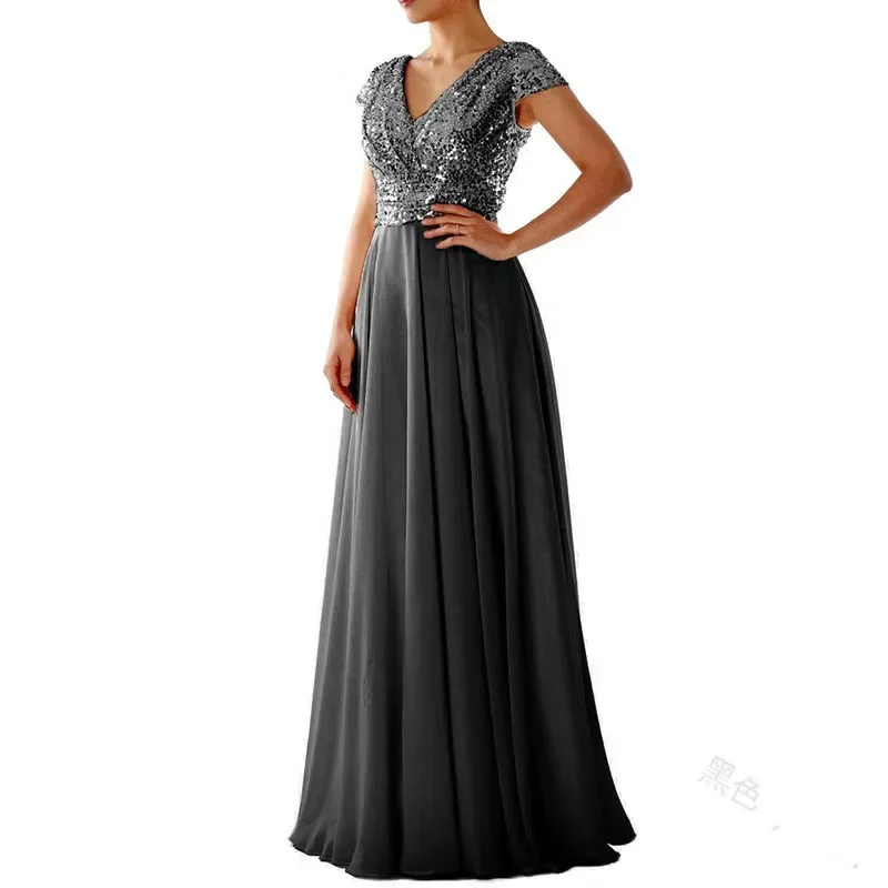 Women Banquet Long Dresses Spring Summer Deep V-Neck Luxury Sequins Slim Fit Chiffon Panels Elegant Party Evening thumbnail 4