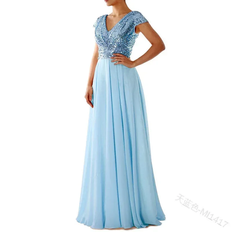 Women Banquet Long Dresses Spring Summer Deep V-Neck Luxury Sequins Slim Fit Chiffon Panels Elegant Party Evening thumbnail 5
