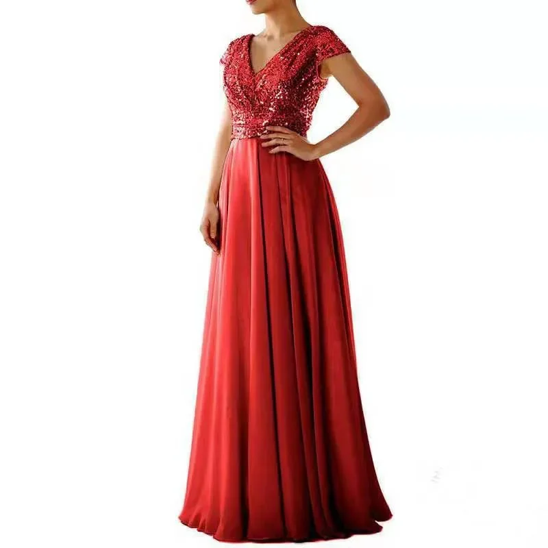 Women Banquet Long Dresses Spring Summer Deep V-Neck Luxury Sequins Slim Fit Chiffon Panels Elegant Party Evening thumbnail 2