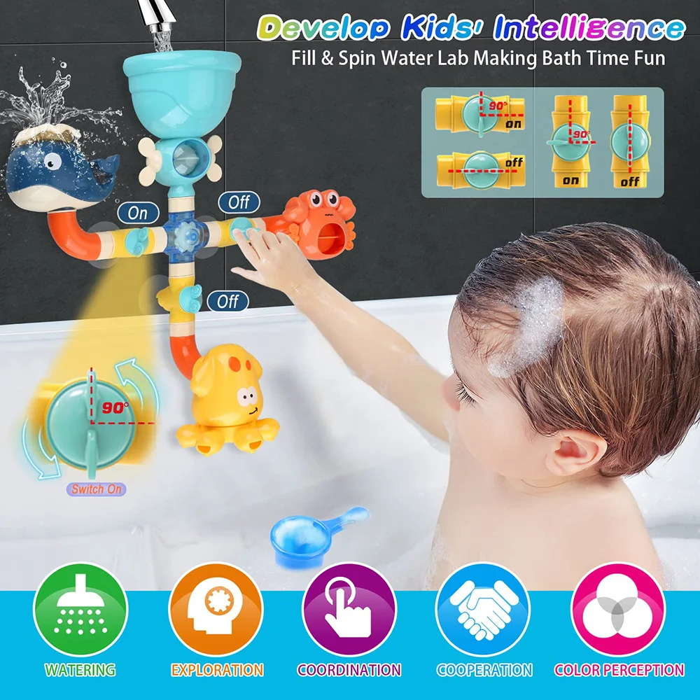 Baby Bath Toys Bathtub DIY Pipes Tubes Bath Time Water Game Spray Swimming Bathroom Toys for Toddlers Kids Gifts Birthday Gift thumbnail 2