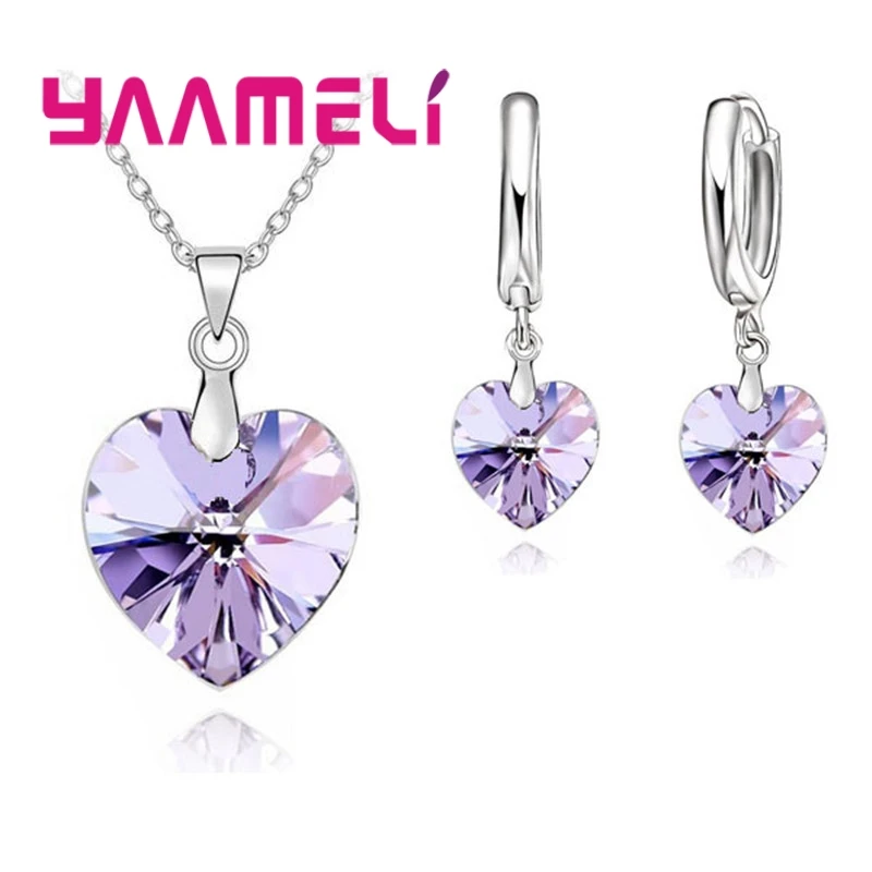 Love Heart Shape Women 925 Sterling Silver Color Bridal Jewelry Set For Wedding Fashion Crystal Pendants Necklaces Earring Set thumbnail 5