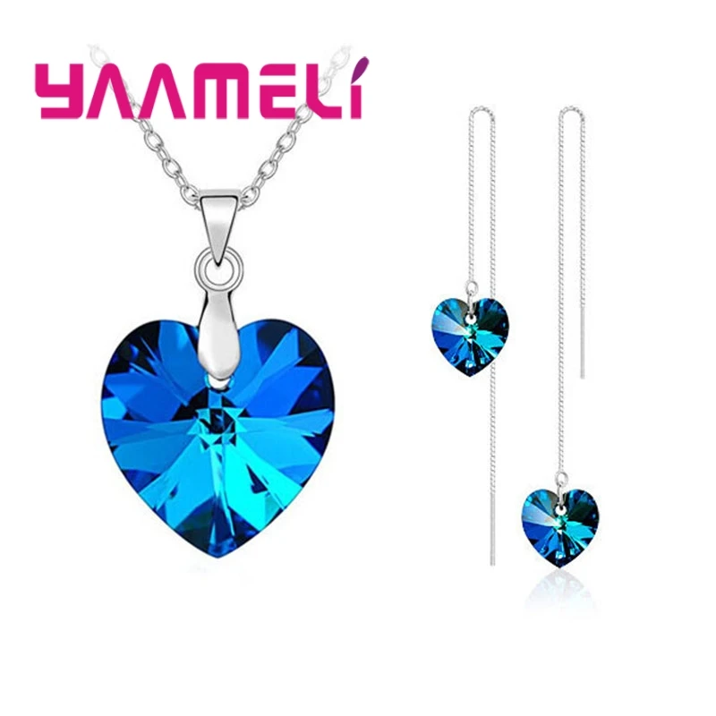 Love Heart Shape Women 925 Sterling Silver Color Bridal Jewelry Set For Wedding Fashion Crystal Pendants Necklaces Earring Set thumbnail 4