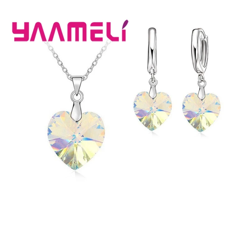 Love Heart Shape Women 925 Sterling Silver Color Bridal Jewelry Set For Wedding Fashion Crystal Pendants Necklaces Earring Set thumbnail 2