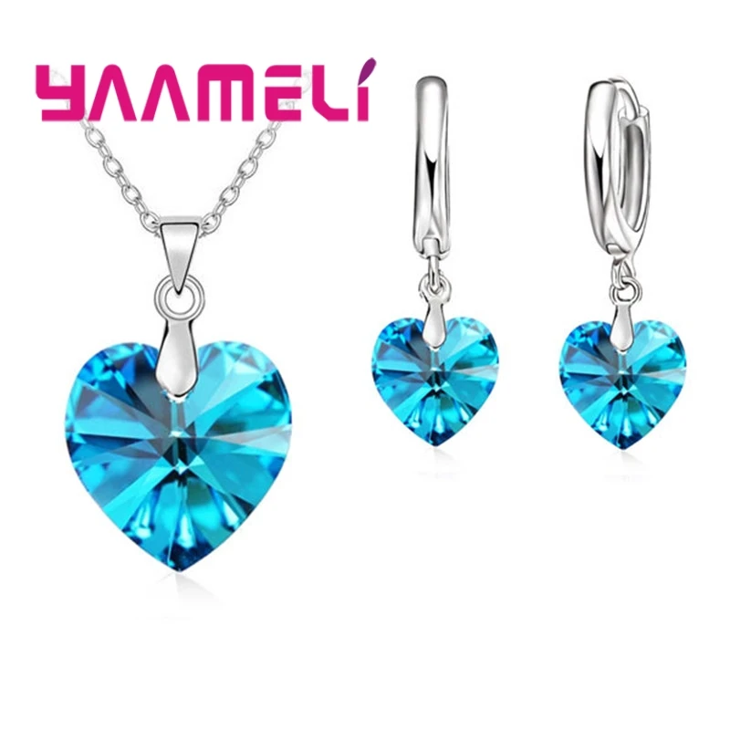 Love Heart Shape Women 925 Sterling Silver Color Bridal Jewelry Set For Wedding Fashion Crystal Pendants Necklaces Earring Set thumbnail 3