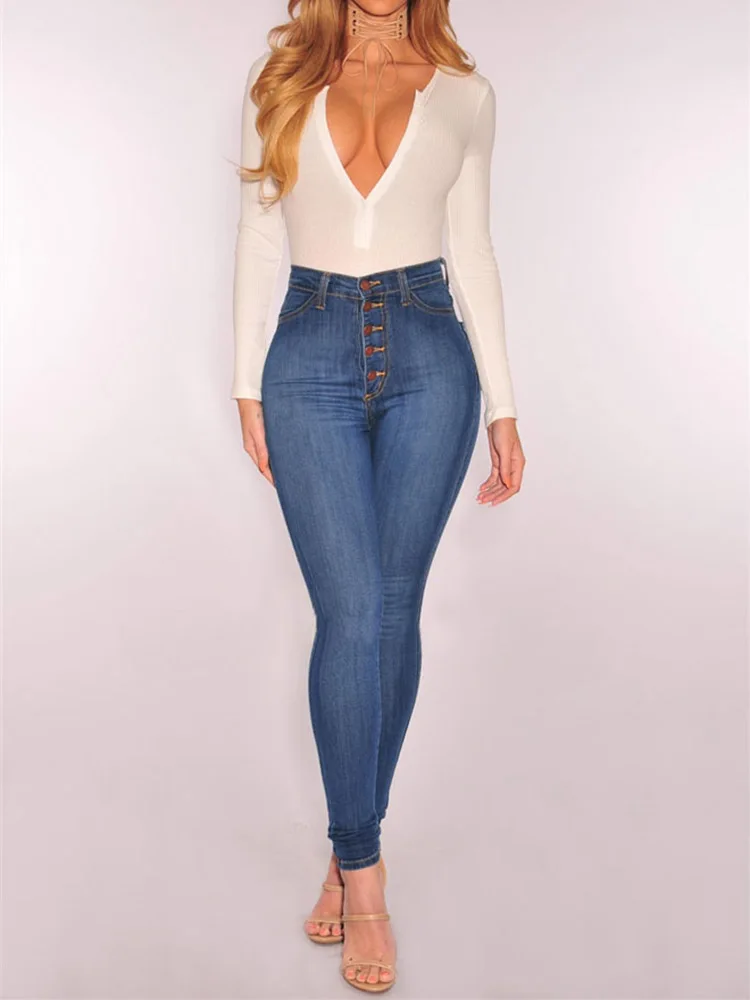 Women High Waist Elastic Slim Fit Skinny Jeans Lady Vintage Button Pencil Long Pants Narrow Straight Wrap Hips Casual Trousers thumbnail 5