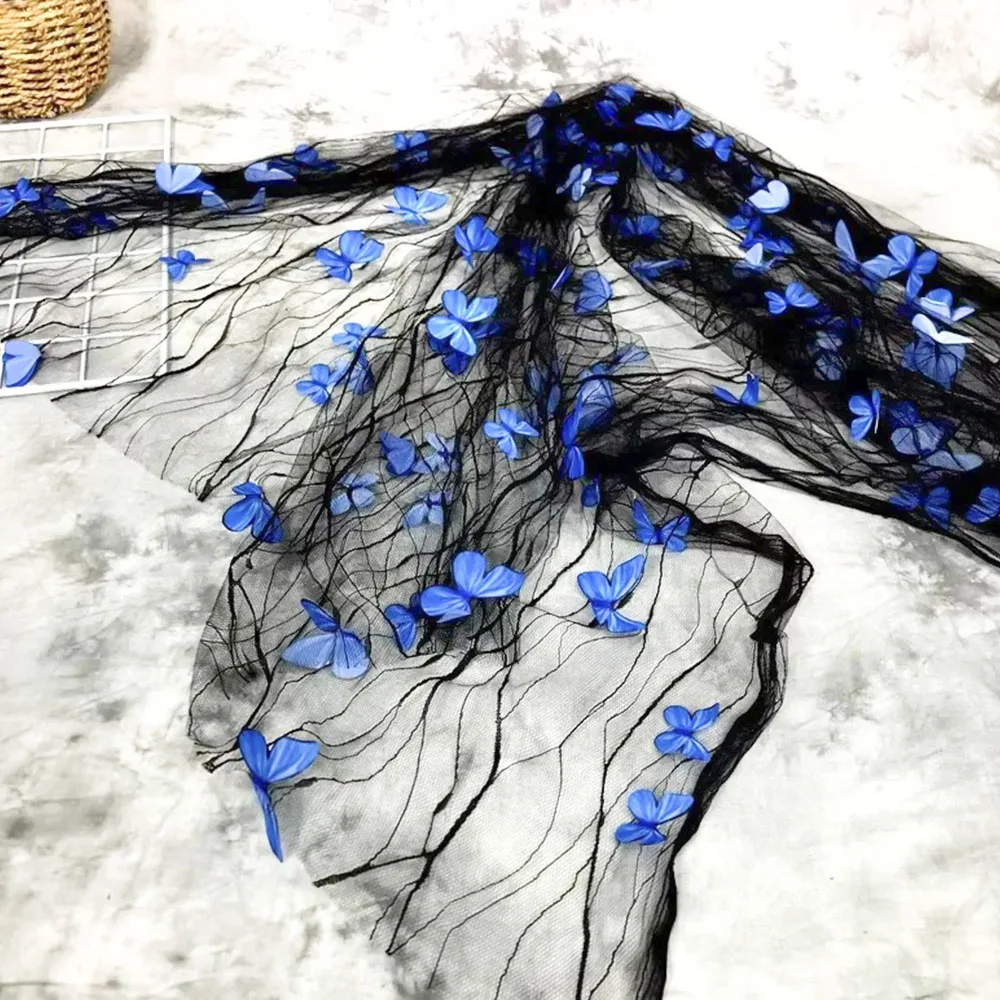 High Quality Black Transparent Blue 3D Butterfly Flower Lace Mesh Fabric Wedding Dress Fashion Costume Designer Embroidery Tulle thumbnail 4